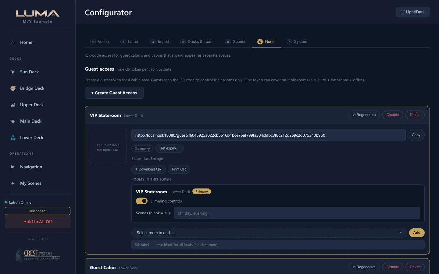 Configurator step 6, Guest: token cards with link, expiry, uses and rooms in token