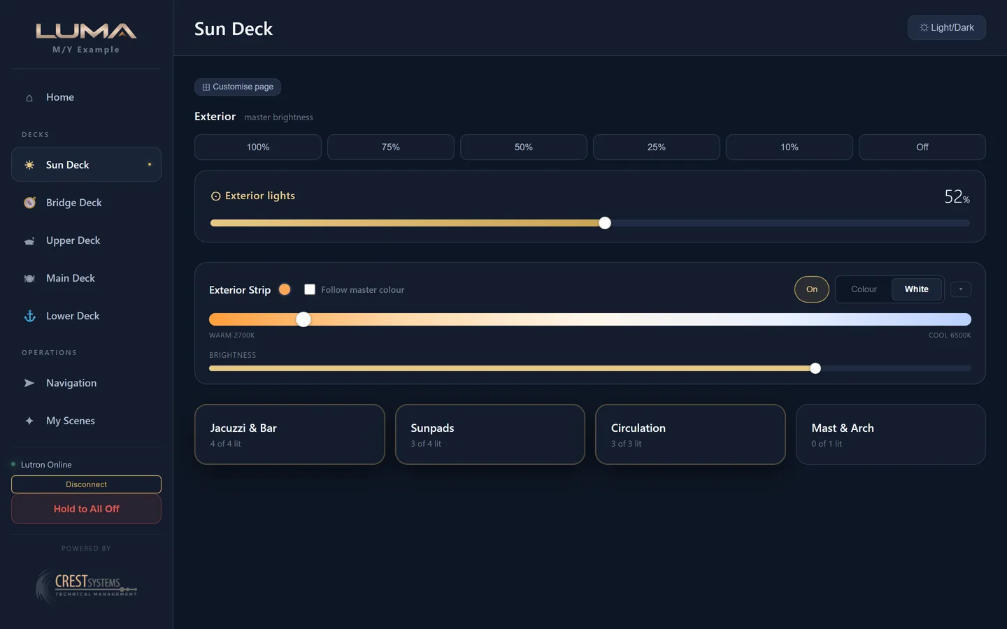 Sun Deck page with the exterior strip in White mode