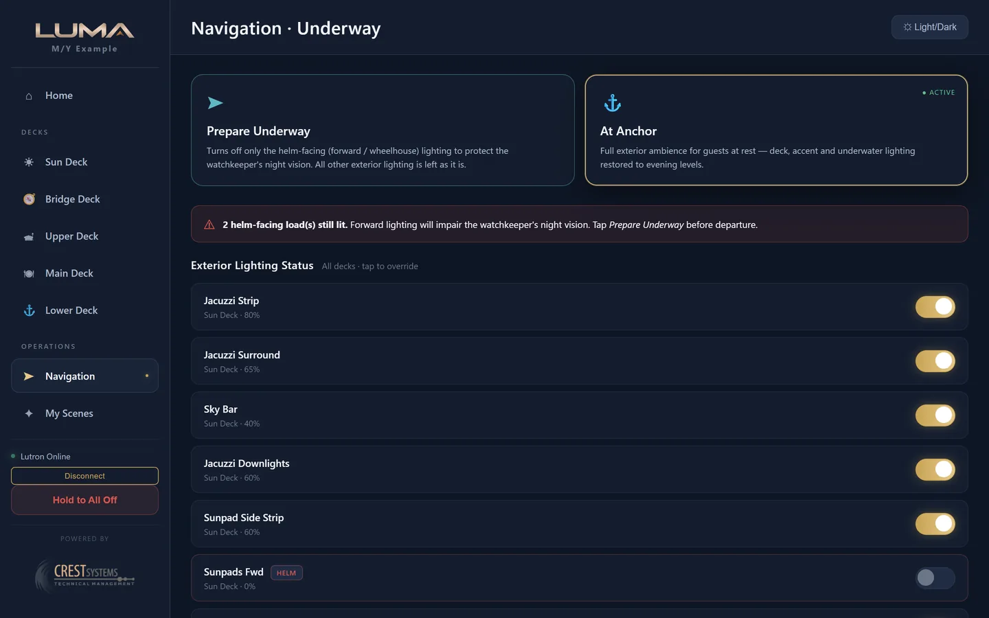 Navigation page: Prepare Underway and At Anchor cards, a warning that one helm facing load is still lit, and the exterior lighting status list