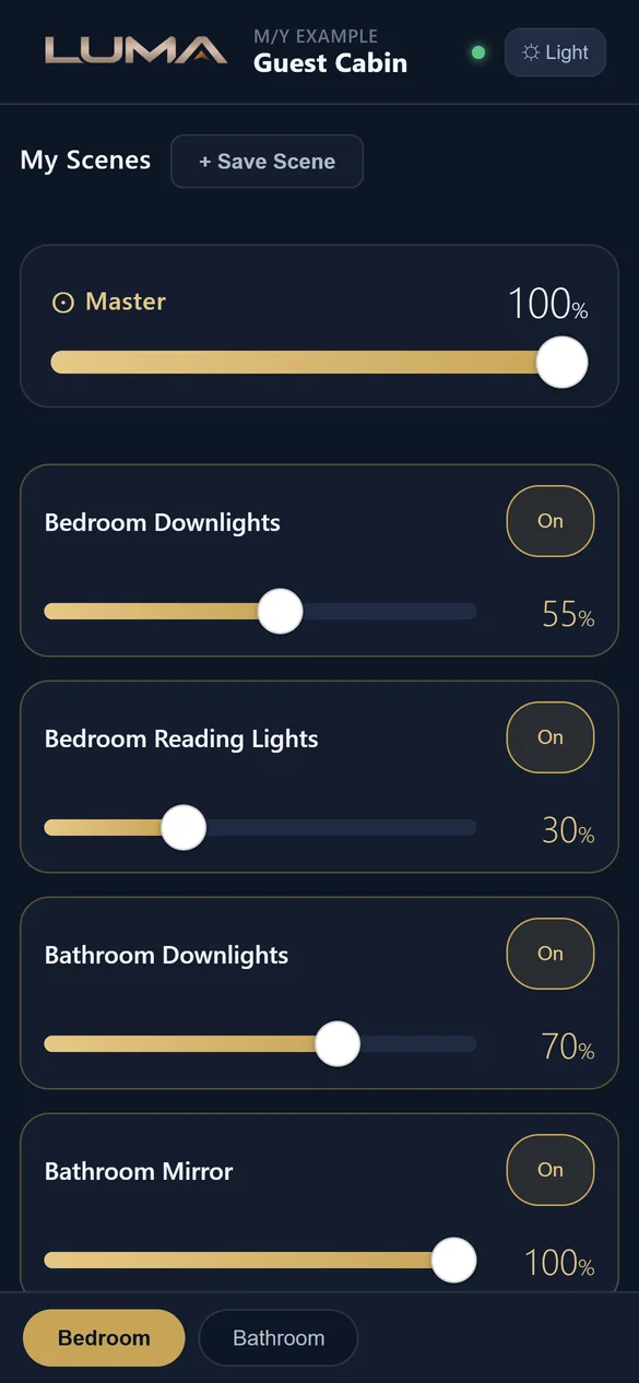 Guest page for a split cabin: Bedroom and Bathroom tabs, master bar, four loads